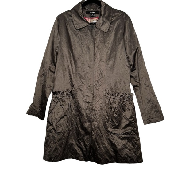DKNY Brownish/Gray Metallic Sheen Lined Button Up Spring Weight Rain Coat Sz L - Picture 1 of 12